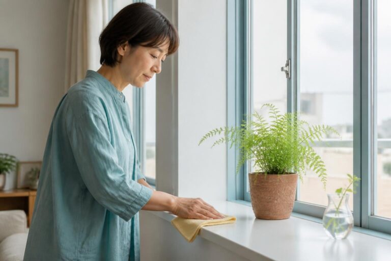 淡い青のシャツを着た女性が、植物のある窓辺を布で拭く様子