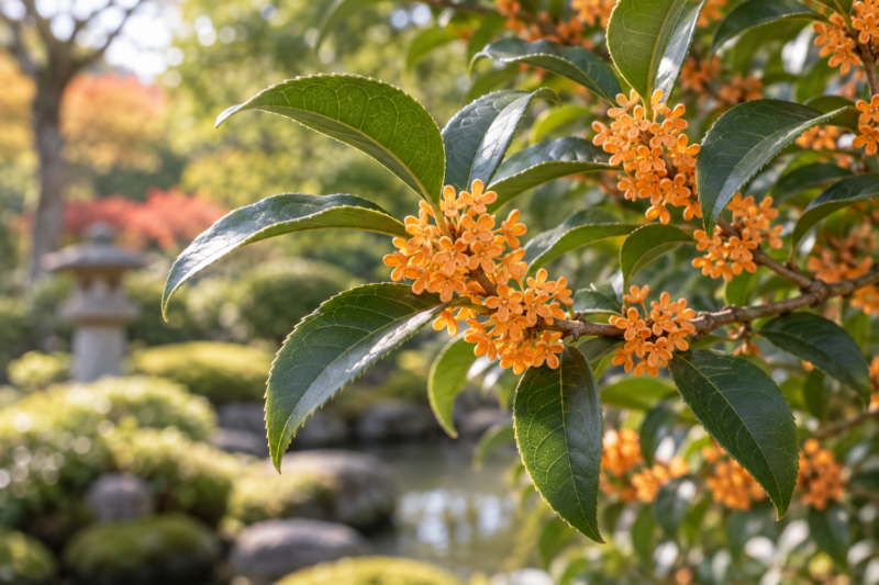 緑の葉の間に小さなオレンジ色の花が集まる金木犀の枝のイメージ