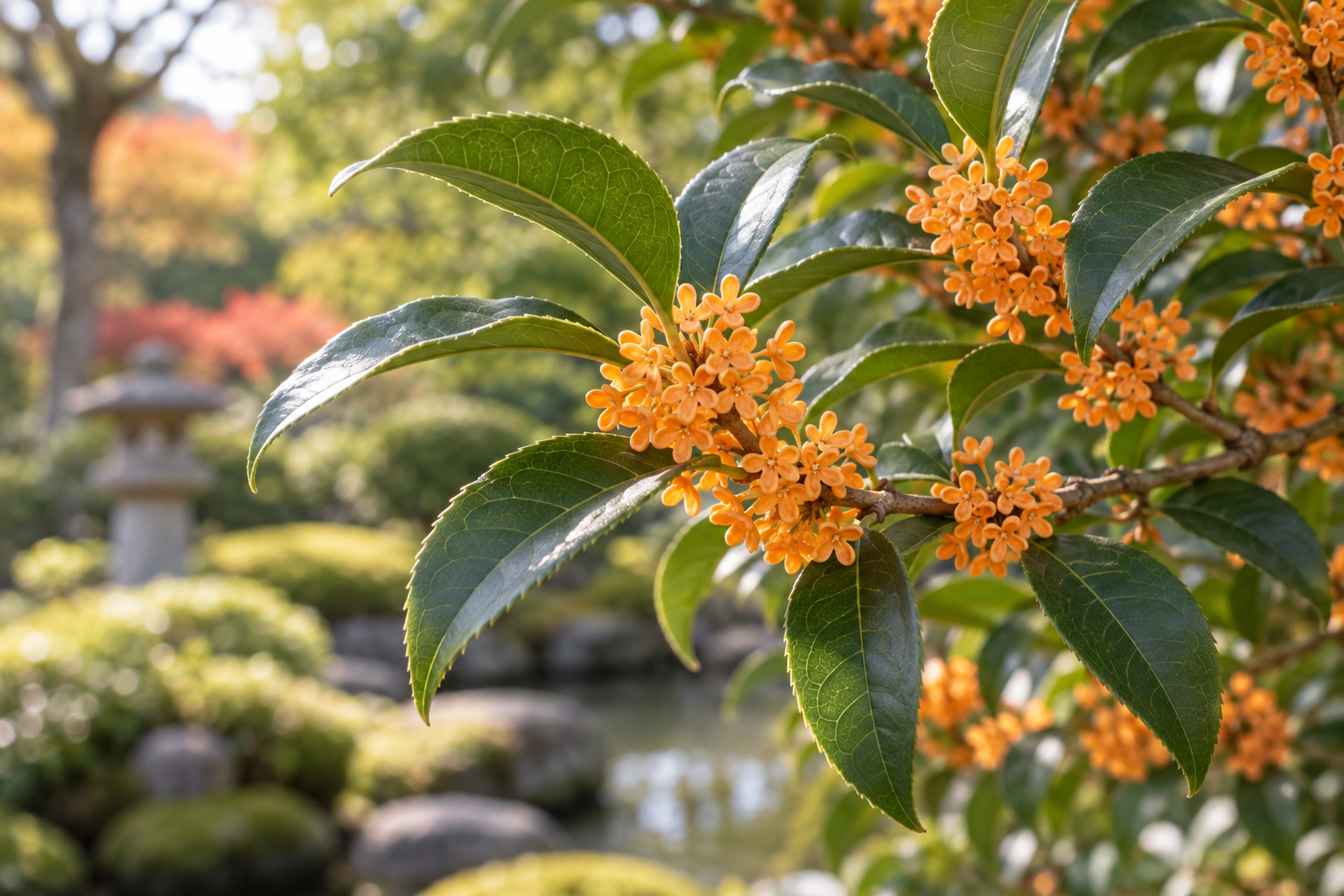 緑の葉の間に小さなオレンジ色の花が集まる金木犀の枝のイメージ
