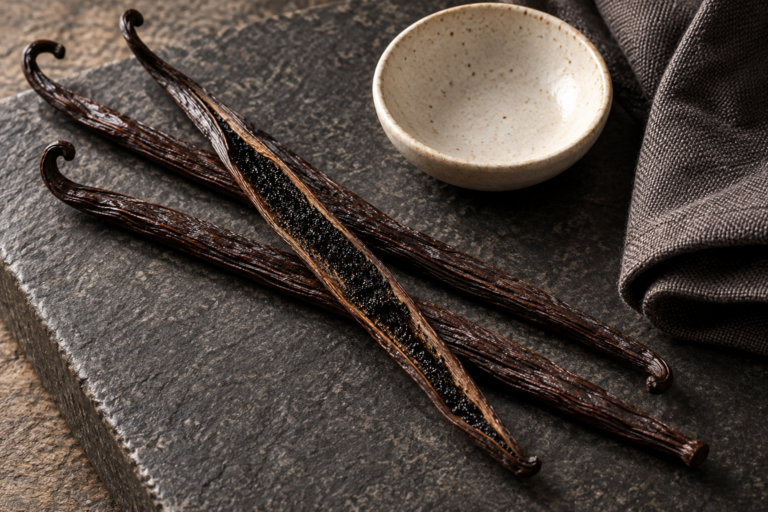 濃い茶色のバニラのさやと、縦に開いたさやの中の小さな種のイメージ