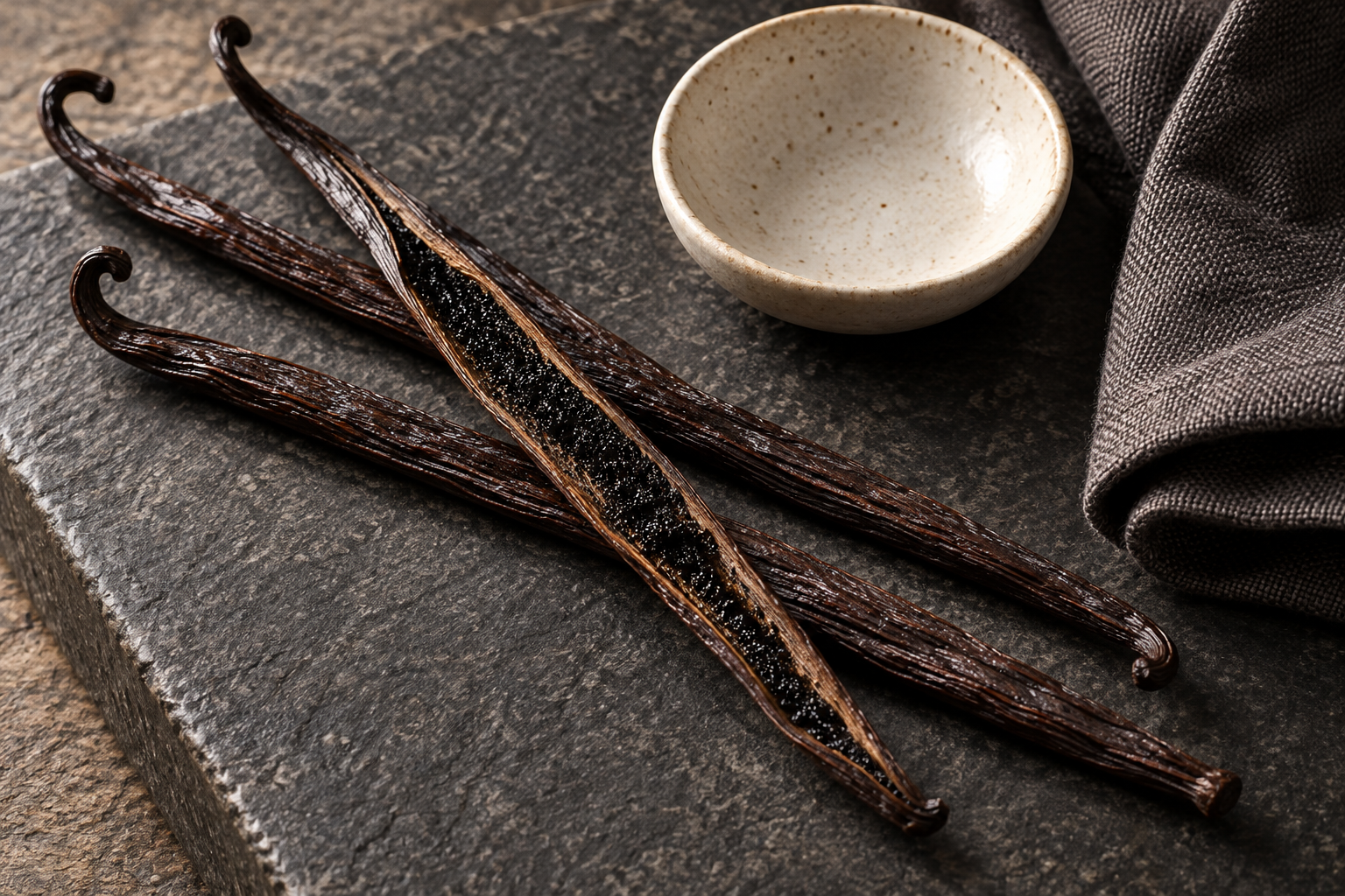 濃い茶色のバニラのさやと、縦に開いたさやの中の小さな種のイメージ
