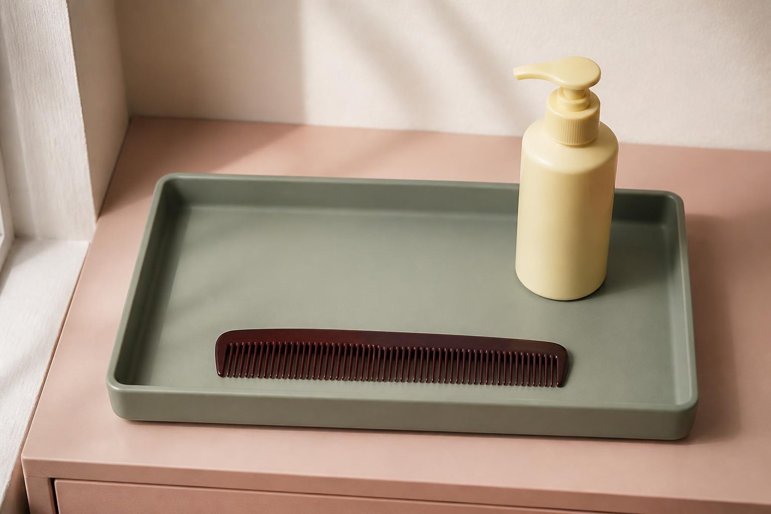 くしとヘアケア容器を、余白を空けて並べたセージ色のトレー