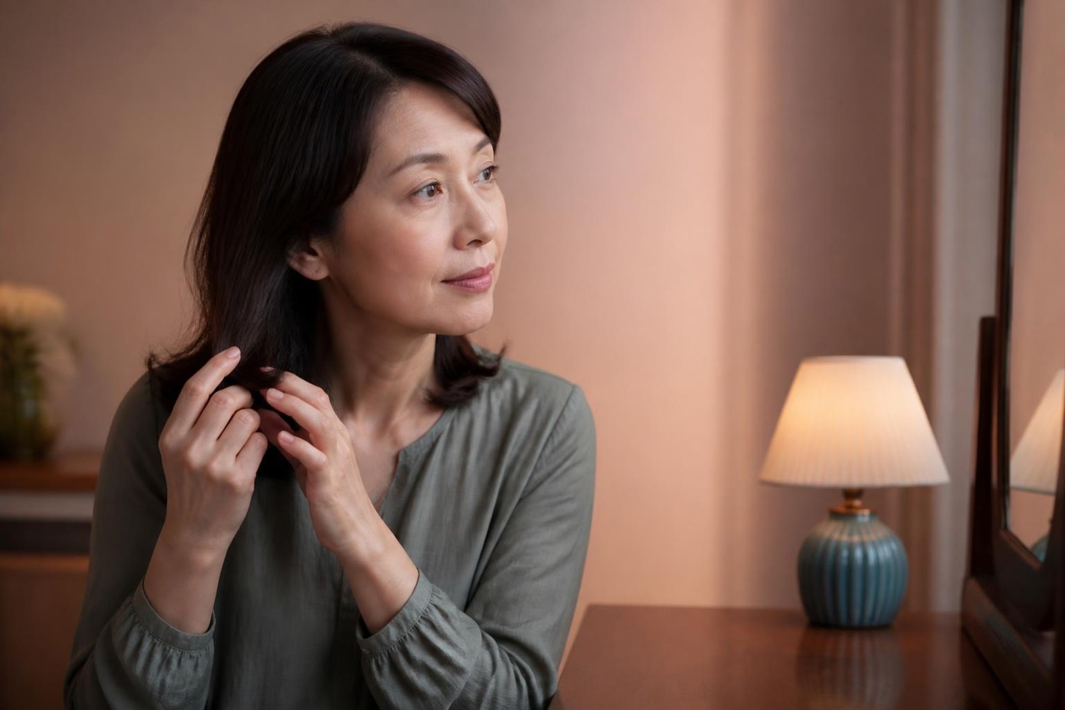 やわらかな灯りの部屋で毛先を指で整える女性