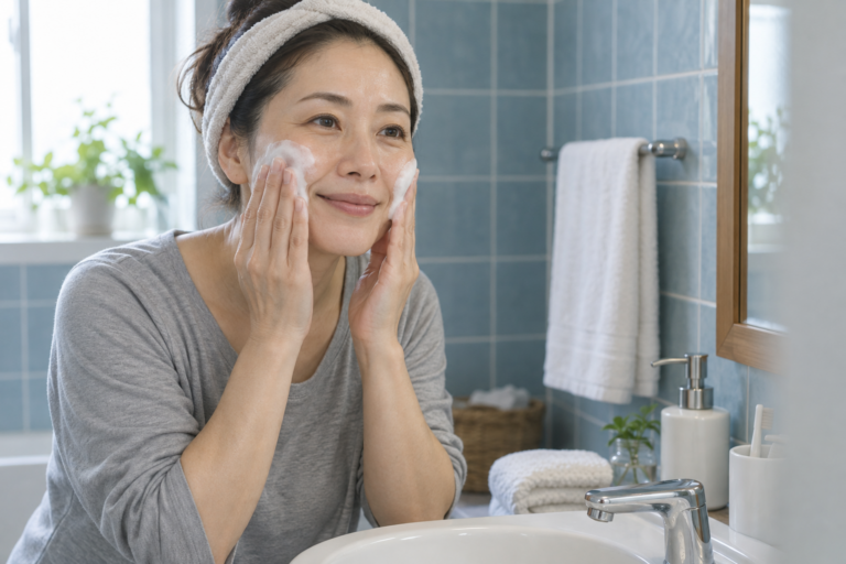 青いタイルの洗面台で、泡を使ってやさしく洗顔する40代くらいの女性
