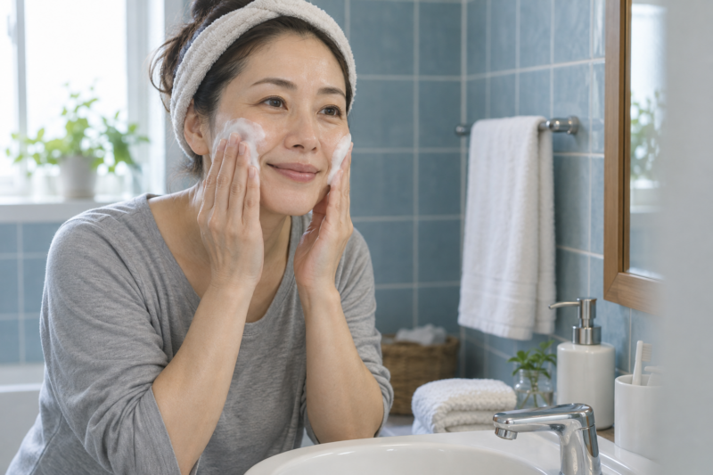 青いタイルの洗面台で、泡を使ってやさしく洗顔する40代くらいの女性