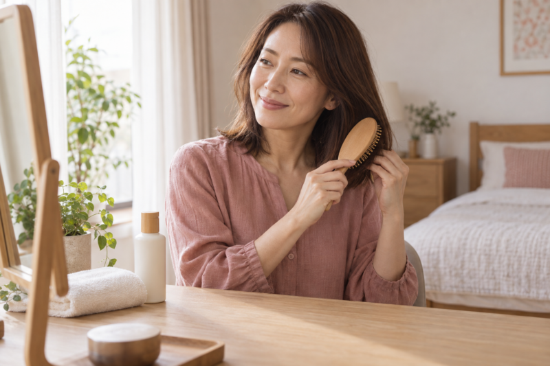 淡いピンクの服を着て、木製のブラシで毛先を整える40代くらいの女性