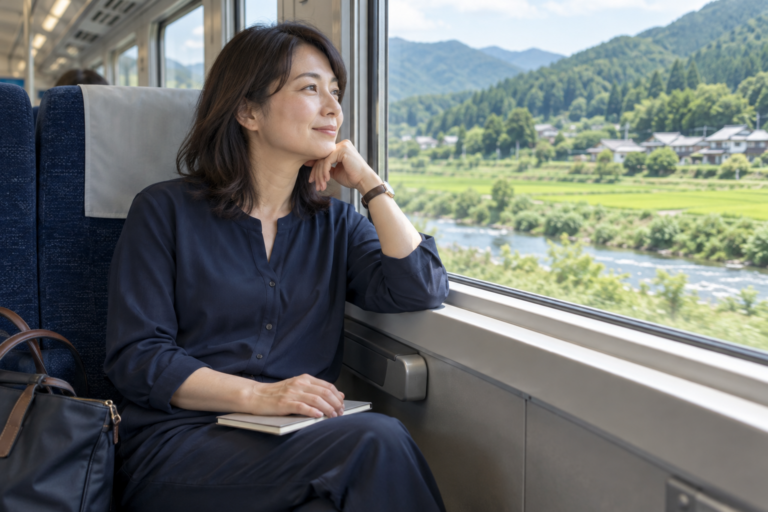 列車の窓側の席で、緑の山や川の景色を楽しむ40代くらいの女性