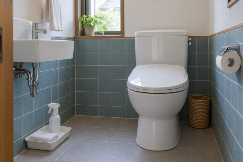 青緑のタイルのある清潔なトイレと、掃除用のクロスを置いたトレー