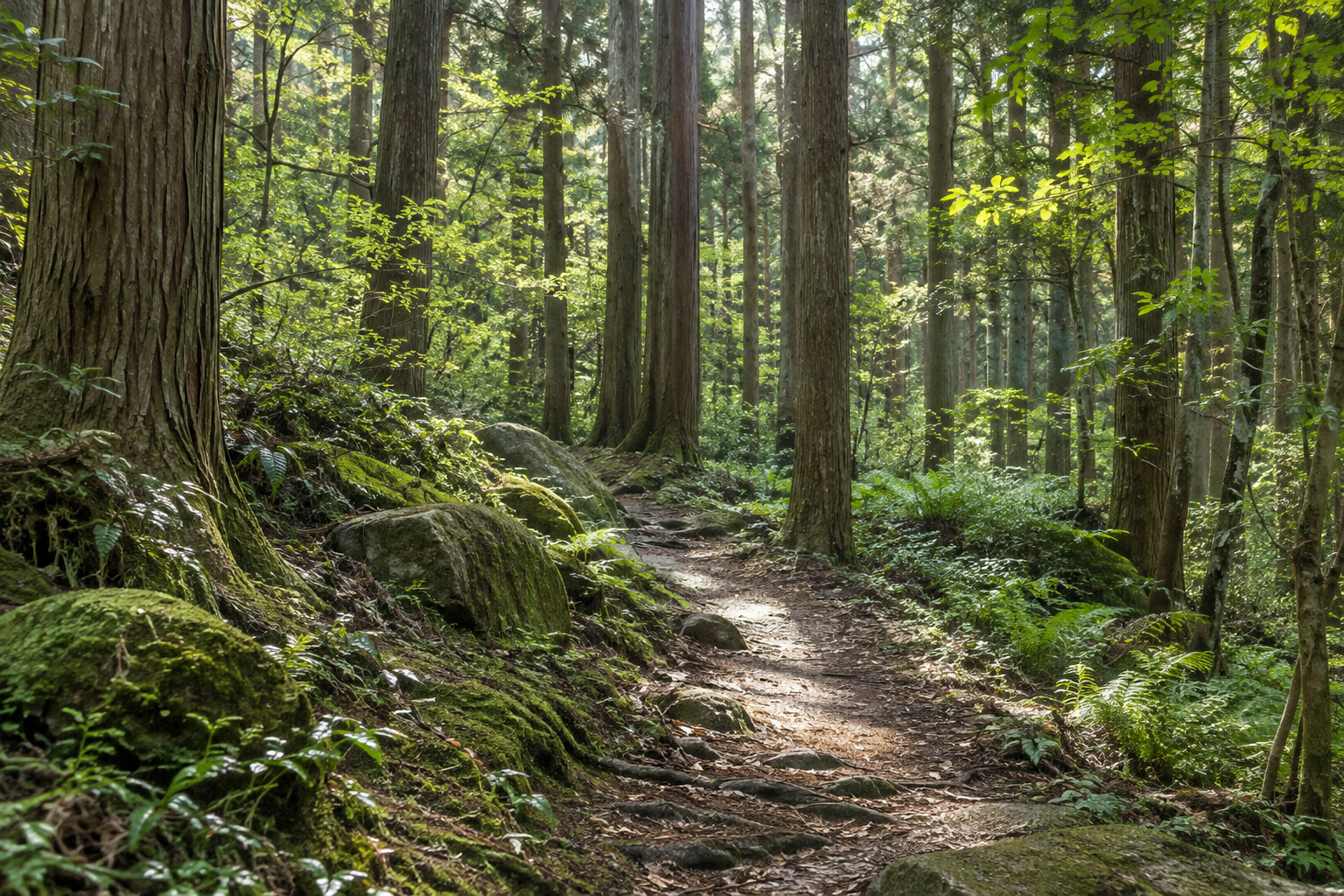 木漏れ日が差し込む緑の森と、苔のある小道