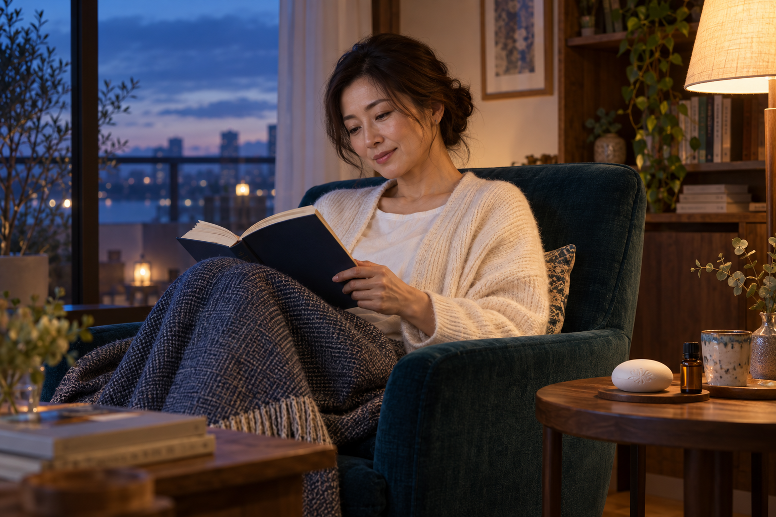 部屋で本を読みながら静かな時間を楽しむ女性