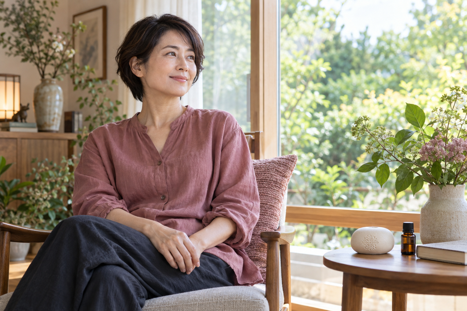 明るい窓辺で穏やかな時間を過ごす女性