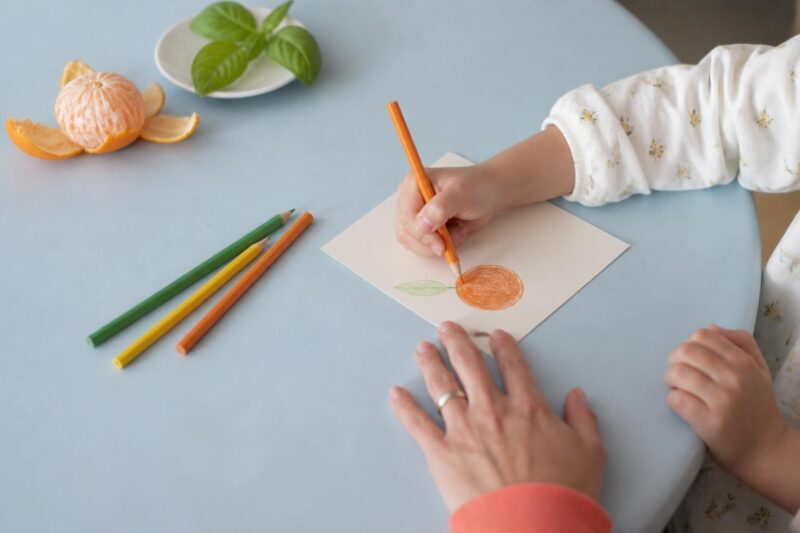 ミカンとハーブをそばに置き、親子で果物のカードを描く手元
