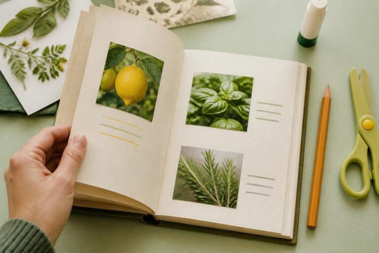 レモンやハーブの写真を貼った手づくりの植物ミニ図鑑