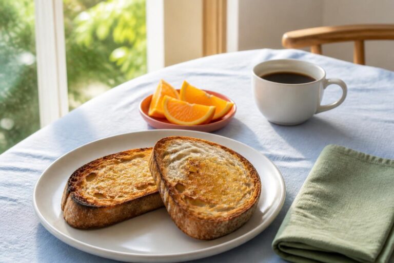 青いクロスの食卓に並べたトースト、オレンジ、コーヒー