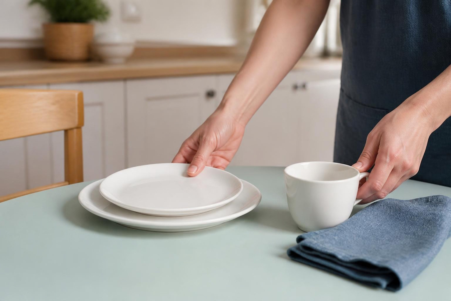 ミント色の食卓で白い皿とカップを片づける手元