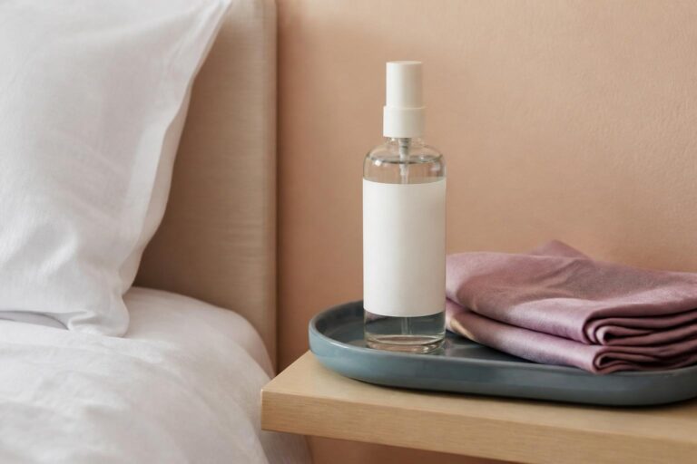 枕のそばの青いトレーに置いたミスト容器と薄紫の布