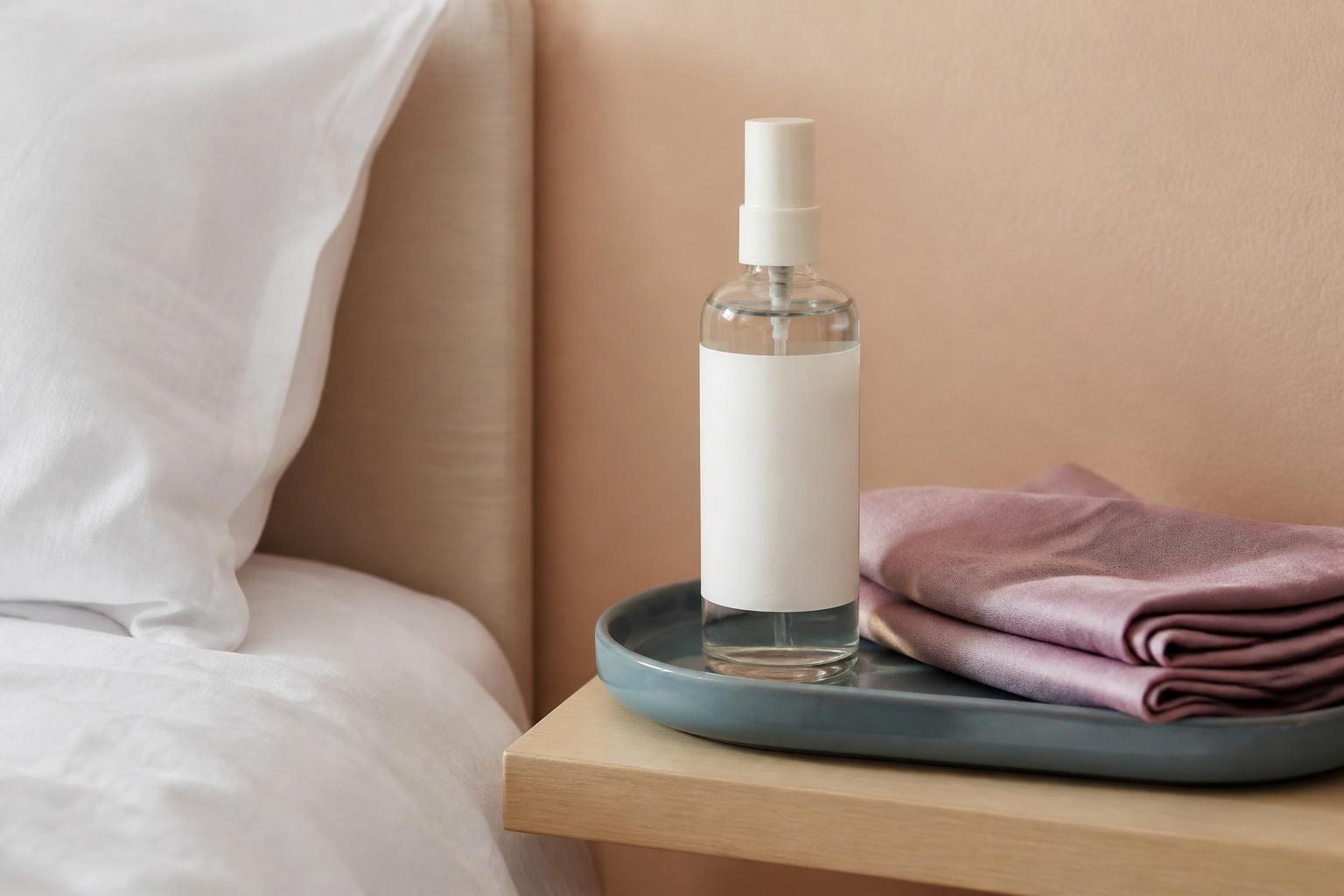 枕のそばの青いトレーに置いたミスト容器と薄紫の布