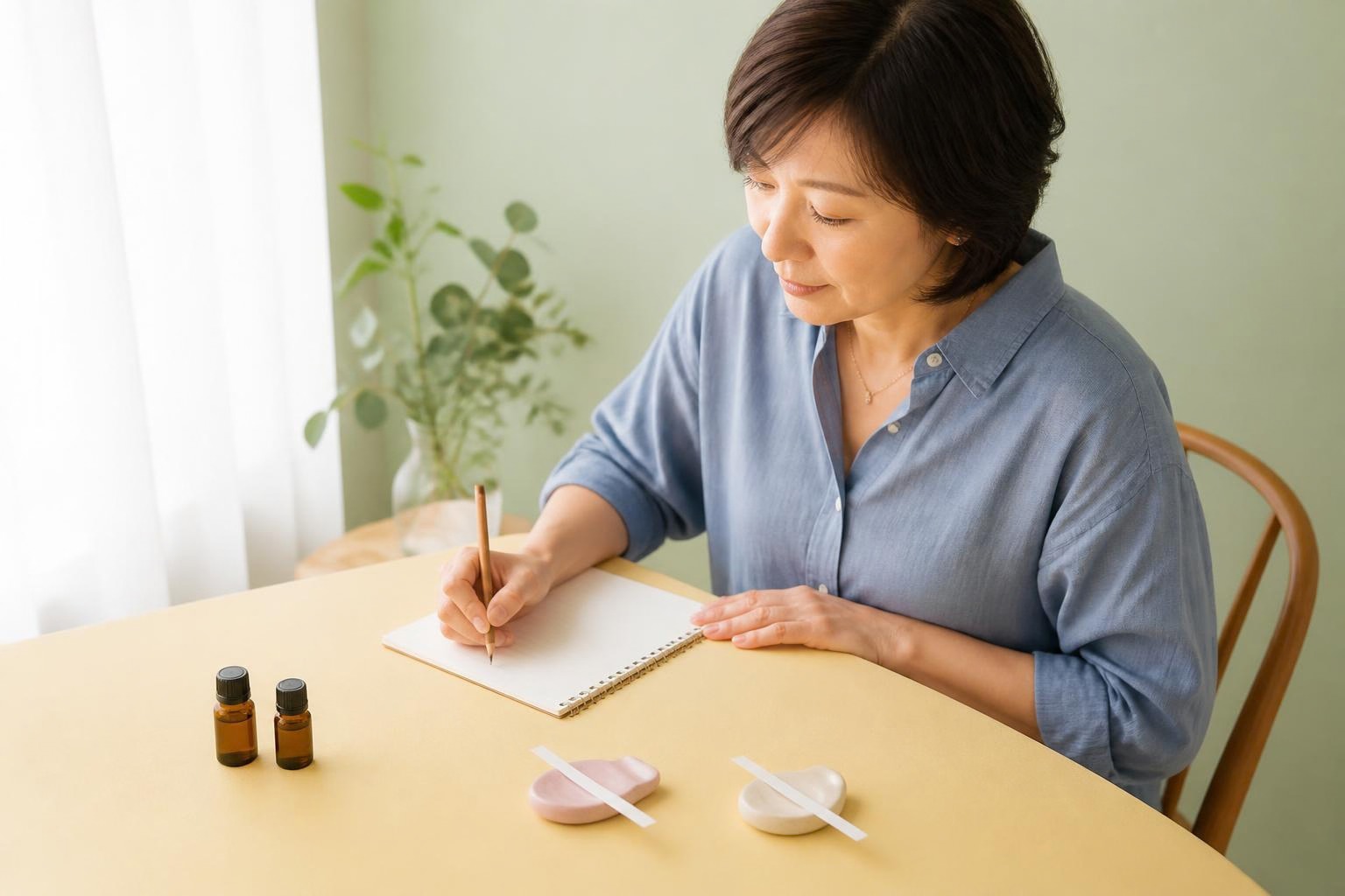 二枚の試香紙を分けて置き、香りの印象をノートに記録する女性