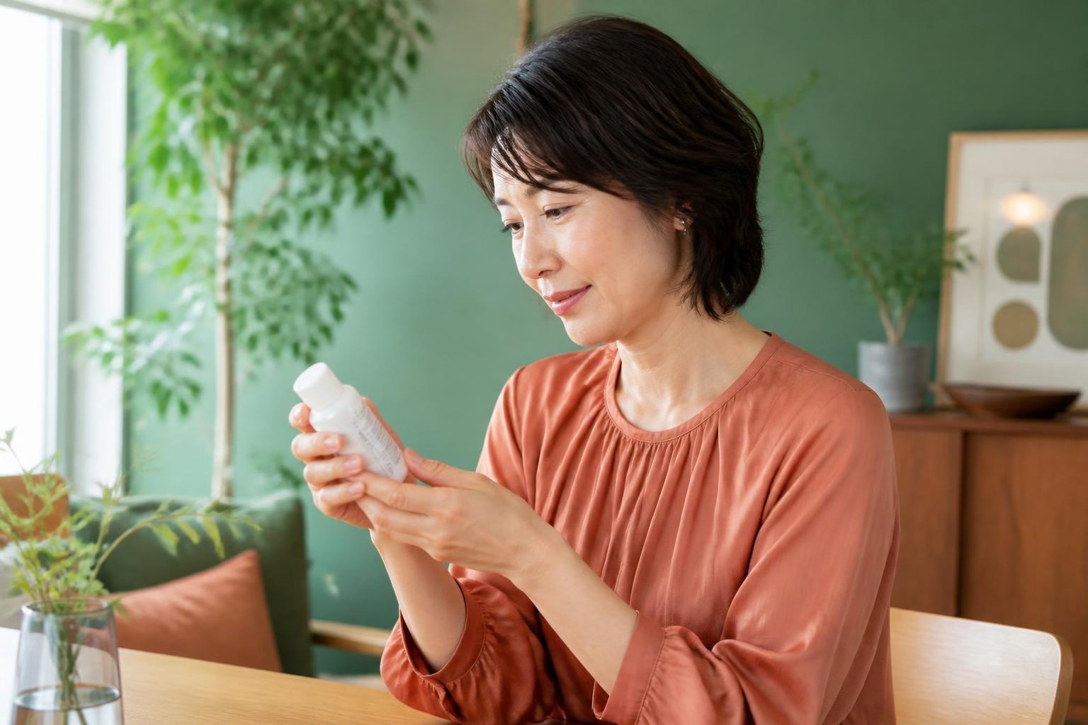窓辺で日用品のボトル表示を読む女性