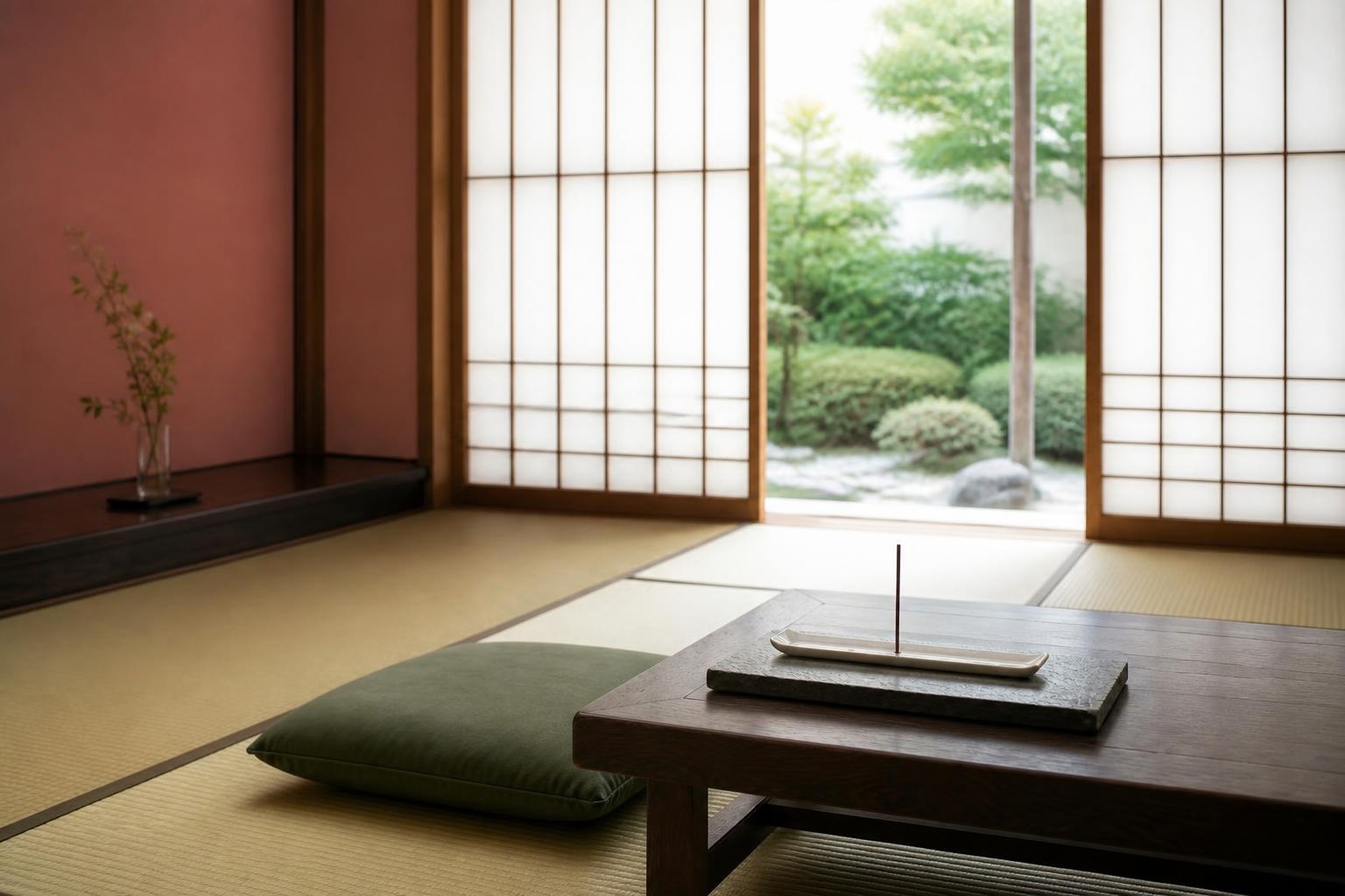 庭に面した和室で、広い受け台と香皿に火をつける前のお香を用意した風景