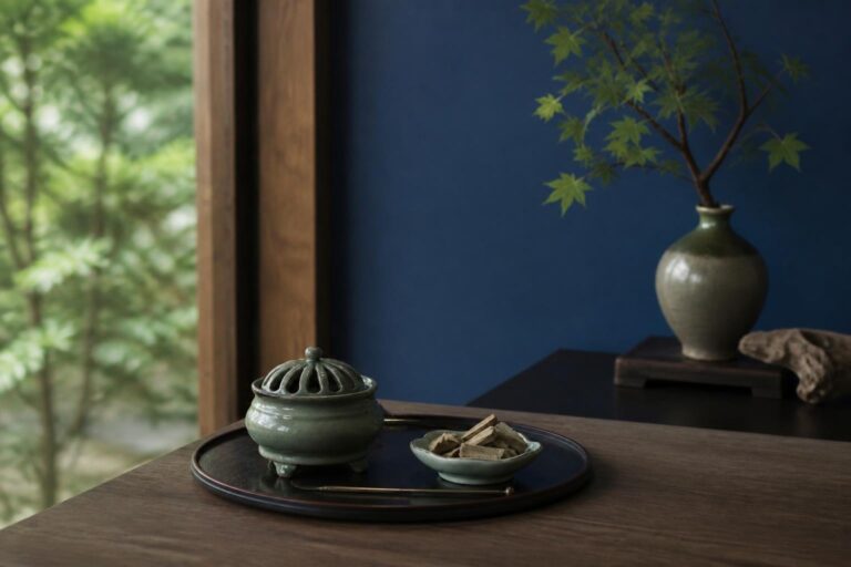 藍色の壁と庭の緑を背景に、盆の上へ香炉と香木を並べた静かな風景