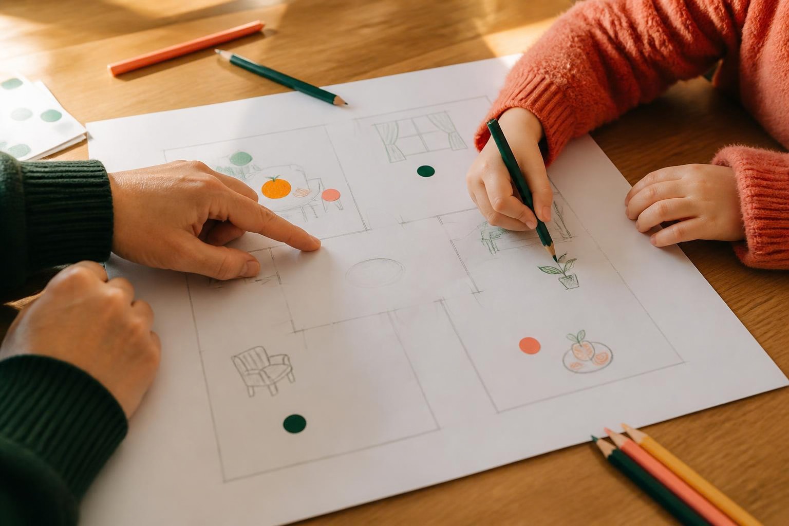 親子で家の見取り図に絵や色の印を描き込む手元