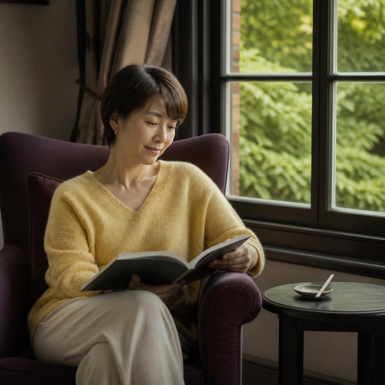 黄色いニットの女性が窓辺の紫色の椅子で読書し、隣の小皿に試香紙を置いてひと息つく場面