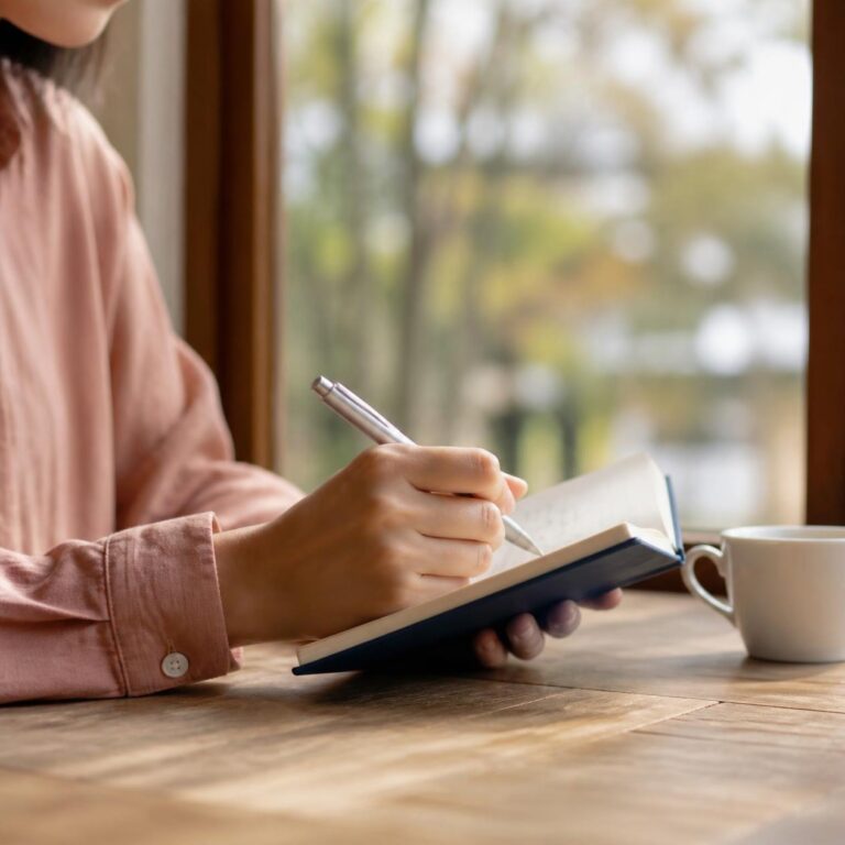 淡いピンクのシャツを着た女性が窓辺で紺色のノートに香りの印象を書き留める手元