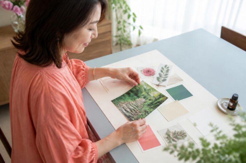 コーラル色の服を着た女性が庭の写真と色見本を並べて香りのムードボードを作る様子