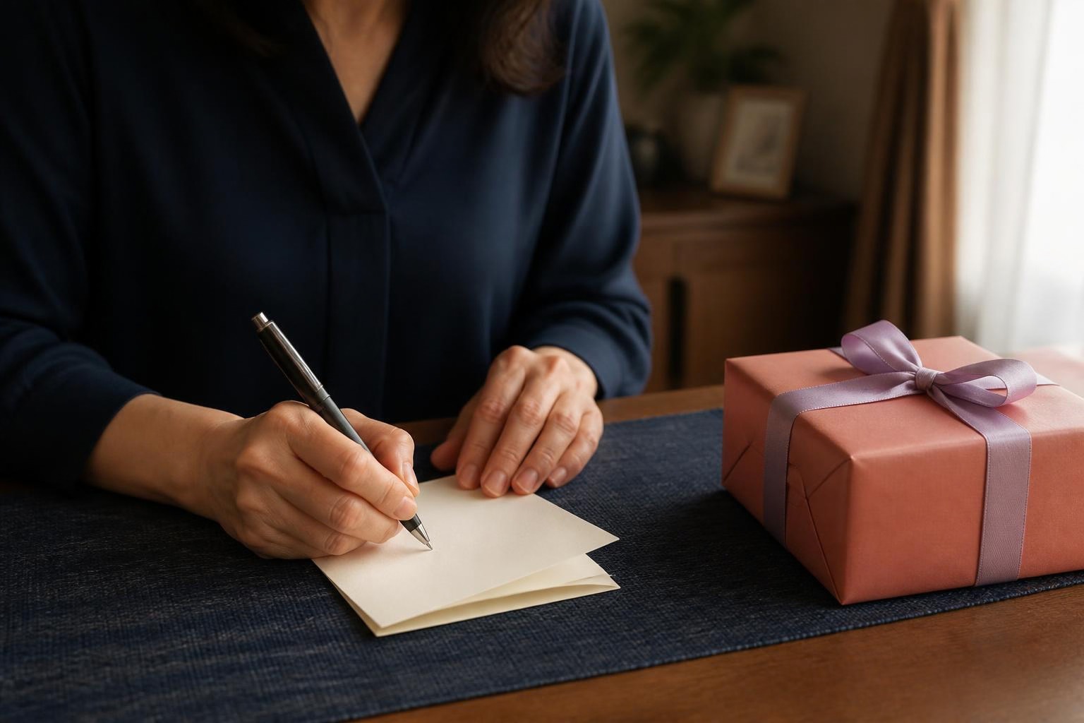 薄紫のリボンを結んだサーモン色の贈り物のそばで、カードにメッセージを書く手元