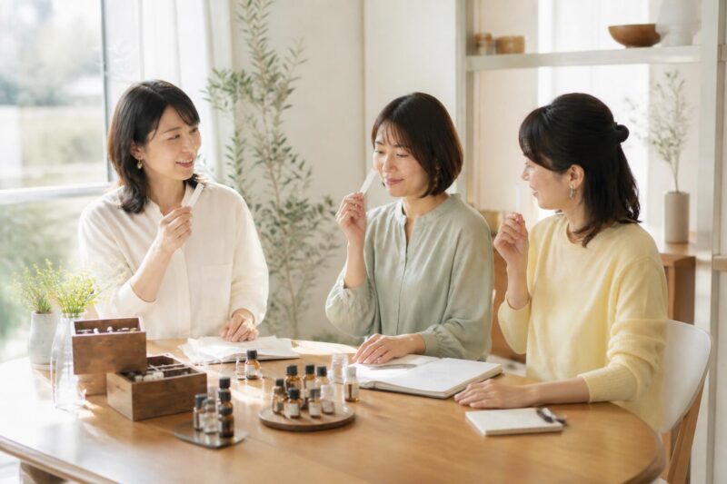 明るい窓辺で三人の女性が試香紙の香りを楽しむアロマ体験会のイメージ