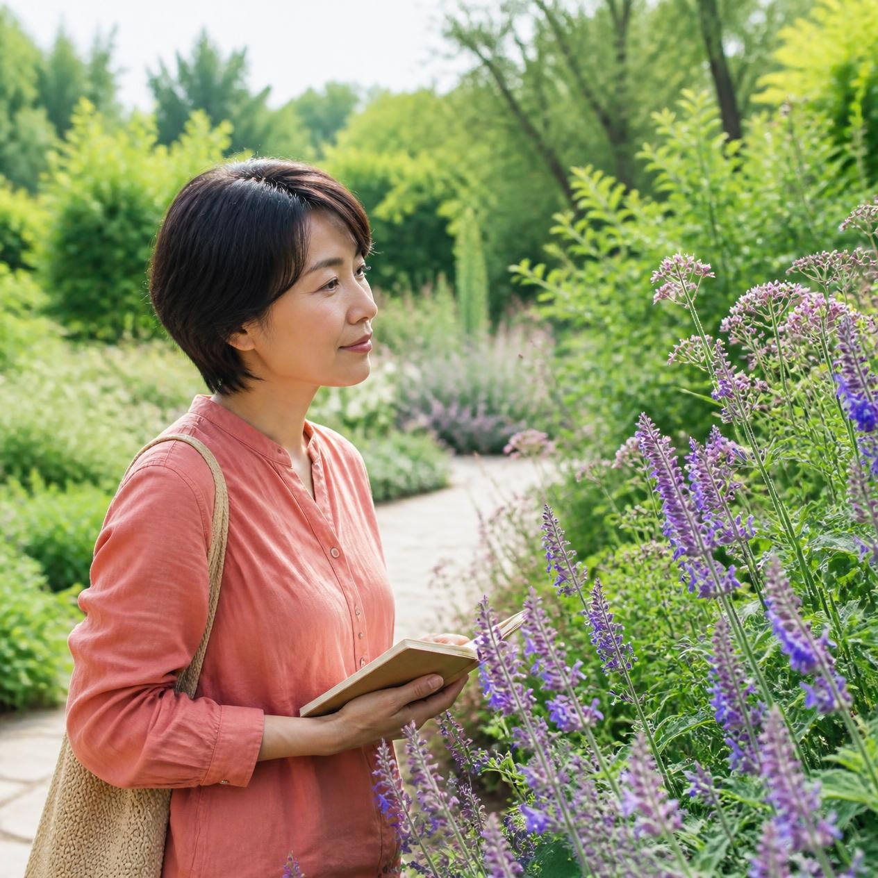 珊瑚色のシャツの女性が小さなノートを手に、緑と紫の花が広がる庭で植物を観察する場面