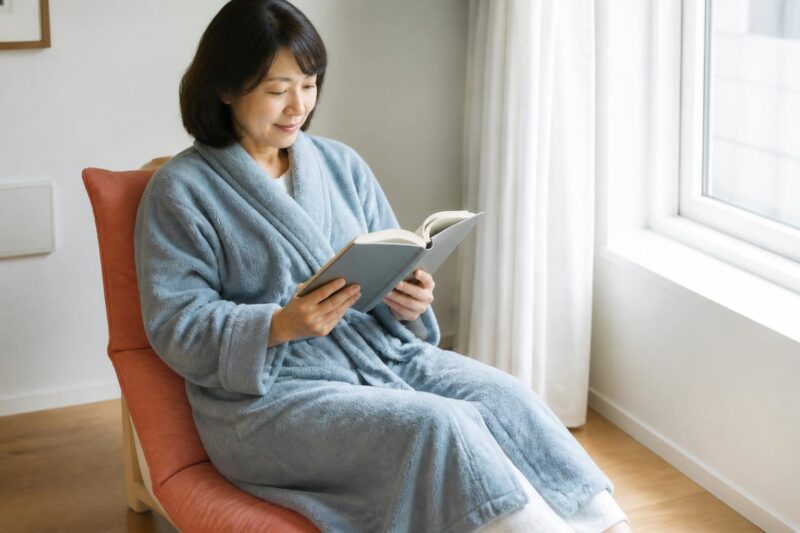 水色のバスローブを羽織り、コーラル色の椅子で本を読む女性