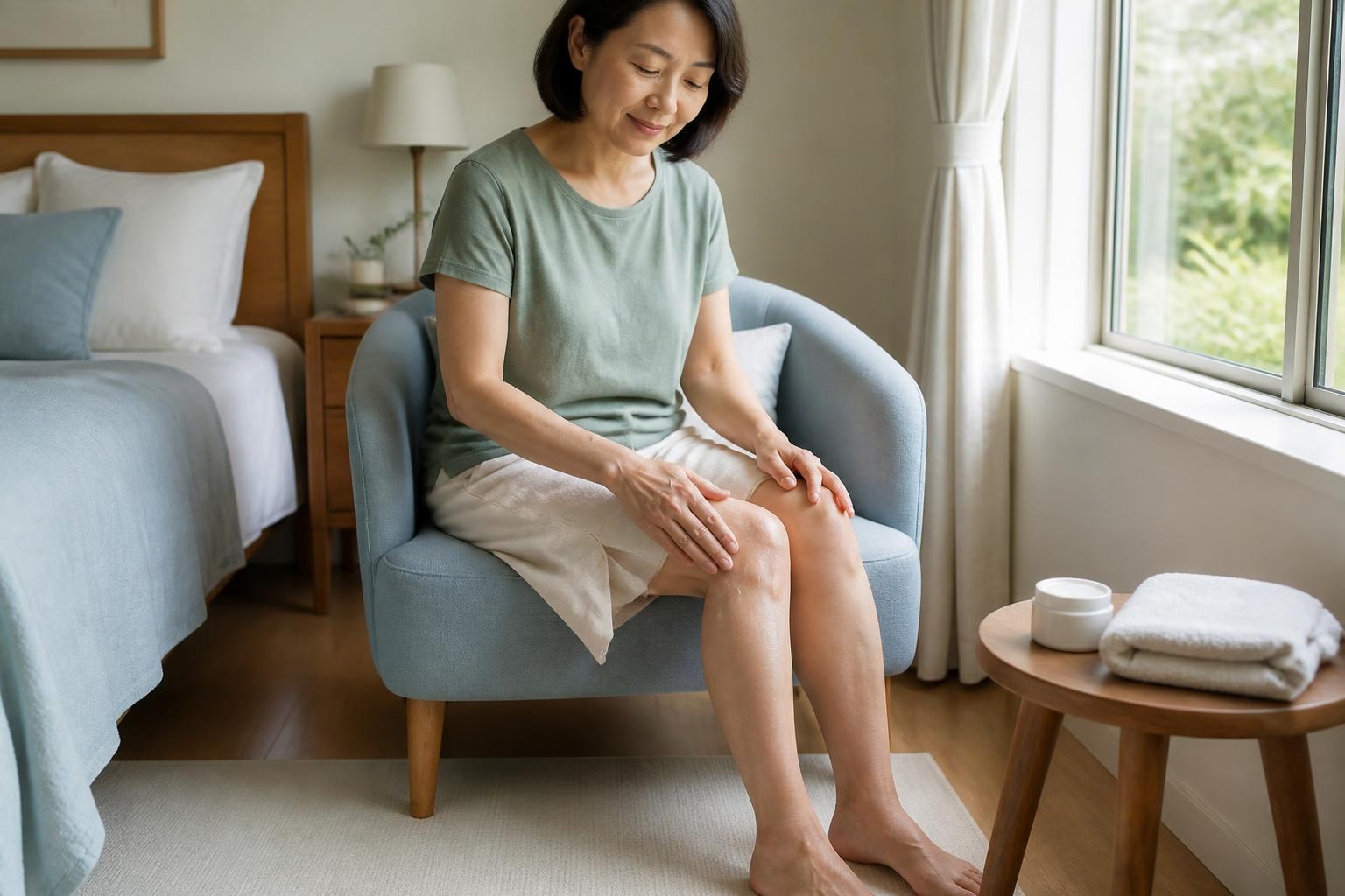 窓辺の椅子に座り、ひざへ保湿剤をなじませる女性