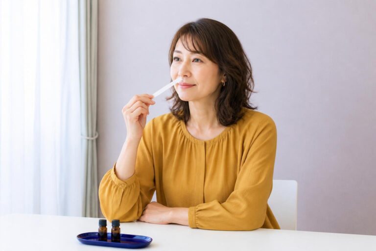 マスタード色のブラウスを着てムエットで香りを楽しむ女性
