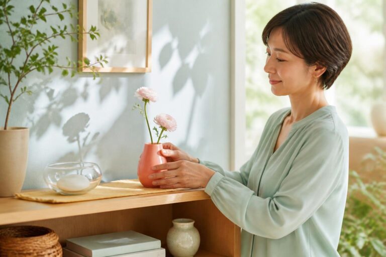ミント色の服の女性が棚にコーラル色の花器と淡いピンクの花を飾る春の模様替え