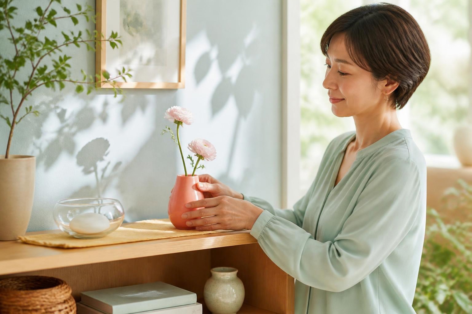 ミント色の服の女性が棚にコーラル色の花器と淡いピンクの花を飾る春の模様替え