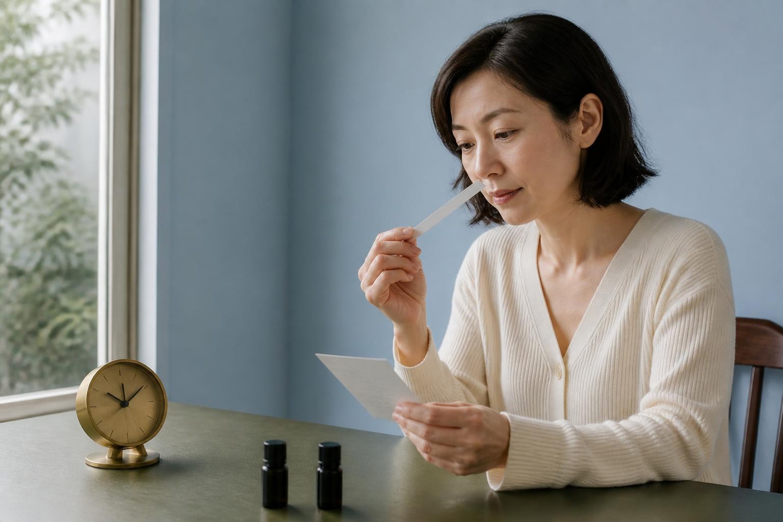 時計と記録カードをそばに置き、ムエットの香りを楽しむ女性