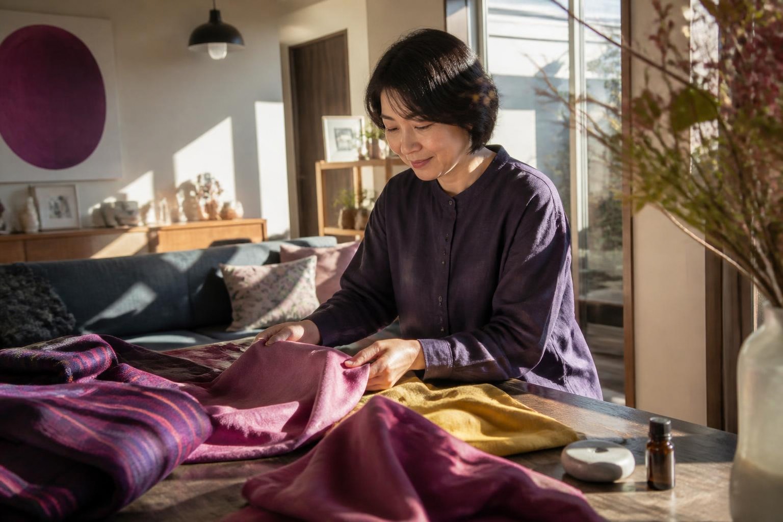 紫の服の女性が、日差しの入る部屋でローズ色や黄色の布を選び、机の端にアロマストーンを置いた趣味の時間