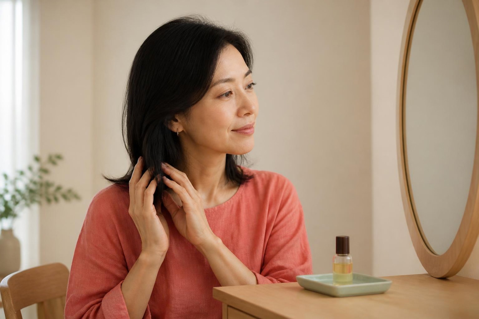 珊瑚色のブラウスを着た女性が鏡の前で毛先を整える