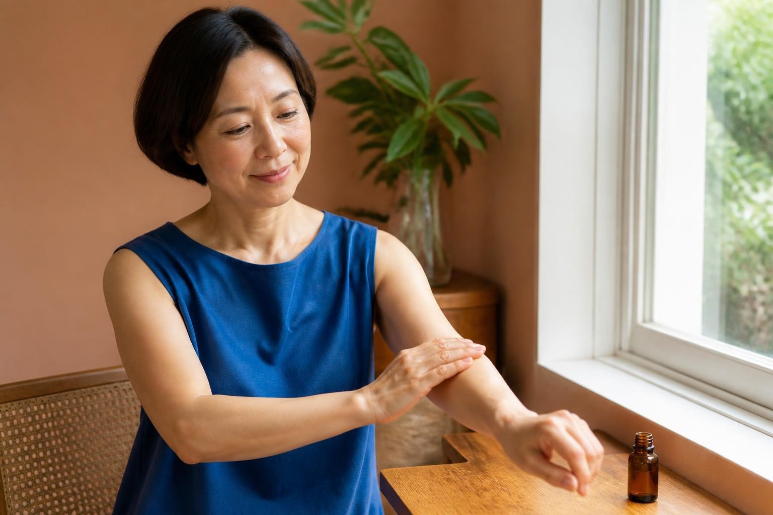 青いトップスの女性が明るい窓辺で腕にオイルをなじませる場面