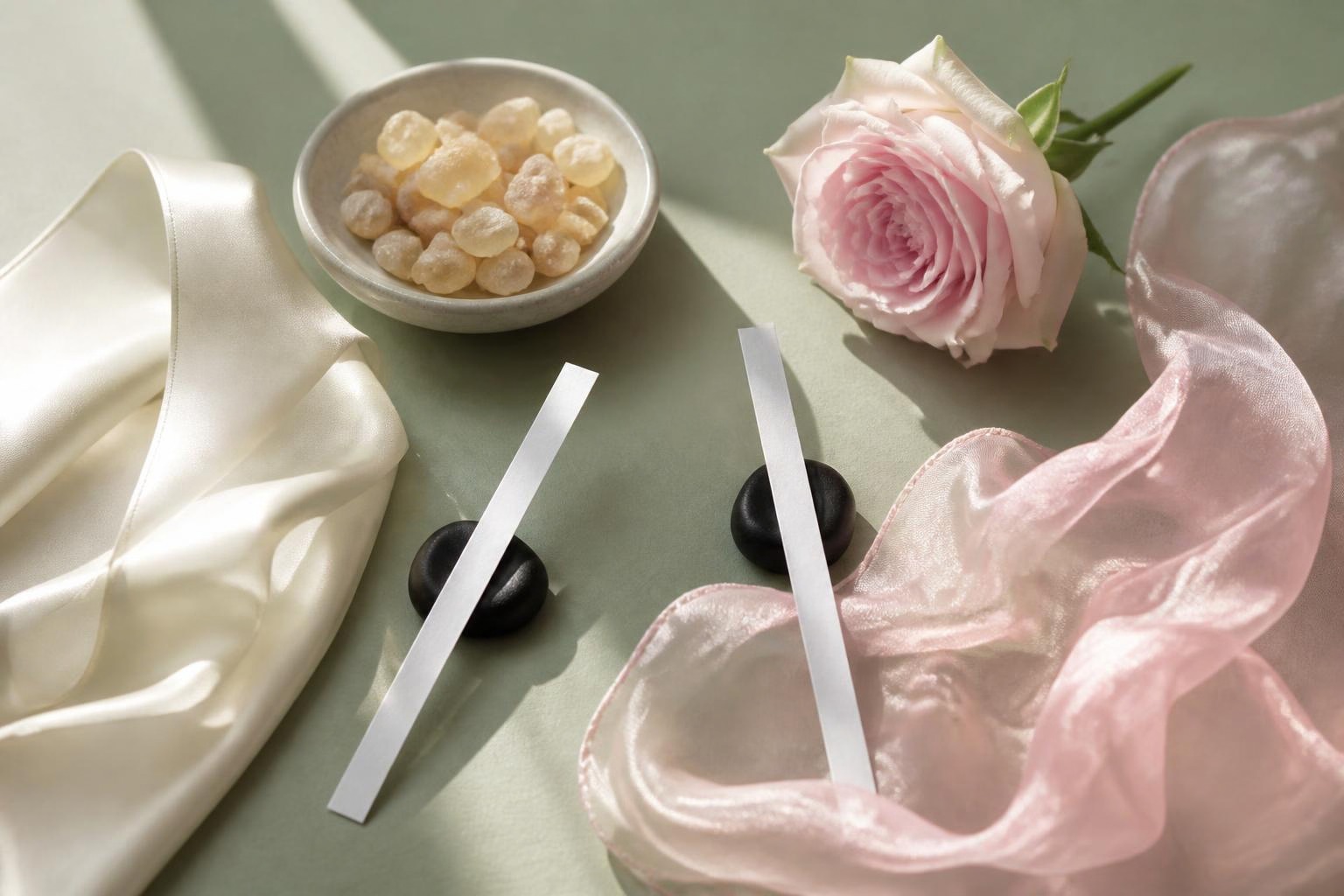 なめらかな白い布と軽やかなピンクの布を樹脂とバラとムエットに添えた場面