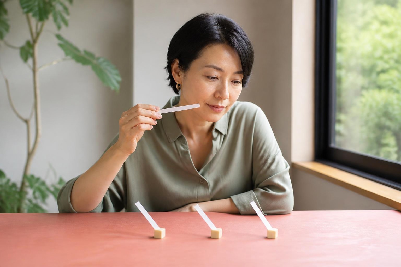 窓辺で試香紙を一本ずつ確かめる女性