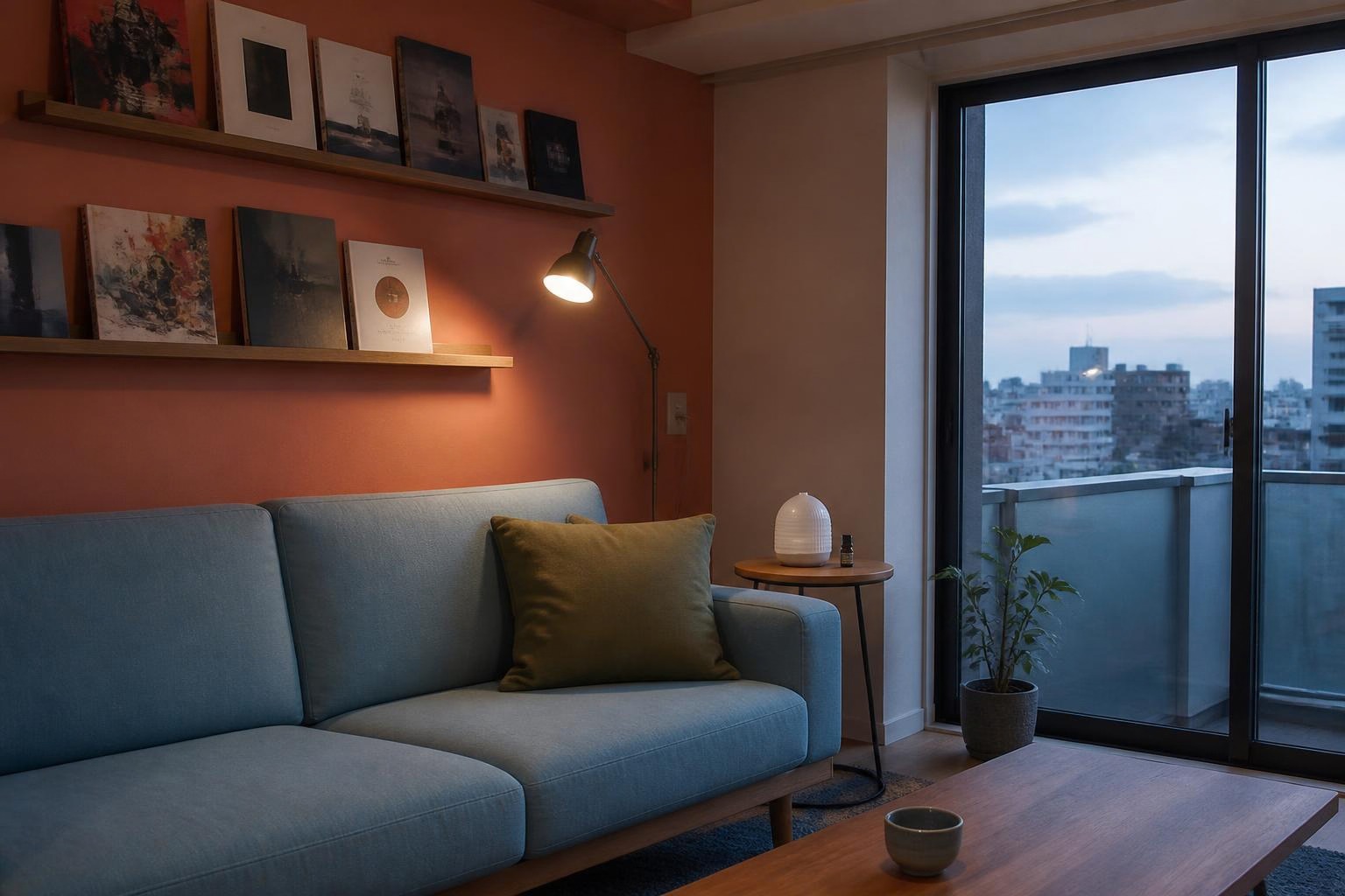 コーラル色の壁と淡い青のソファがある部屋で、窓に夕暮れの街が見え、横のテーブルに芳香器を置いた風景