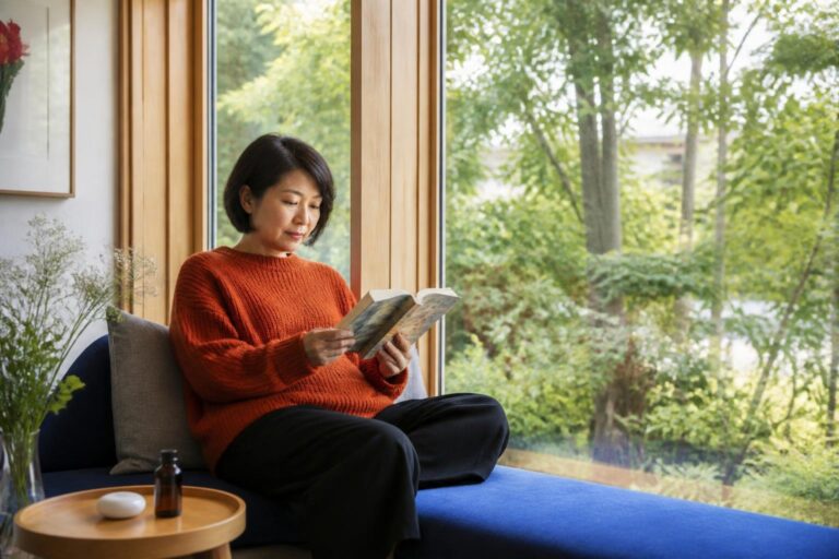 橙色のニットを着た女性が青い窓辺の座席で本を読み、横のテーブルに白いアロマストーンを置いた休息の風景