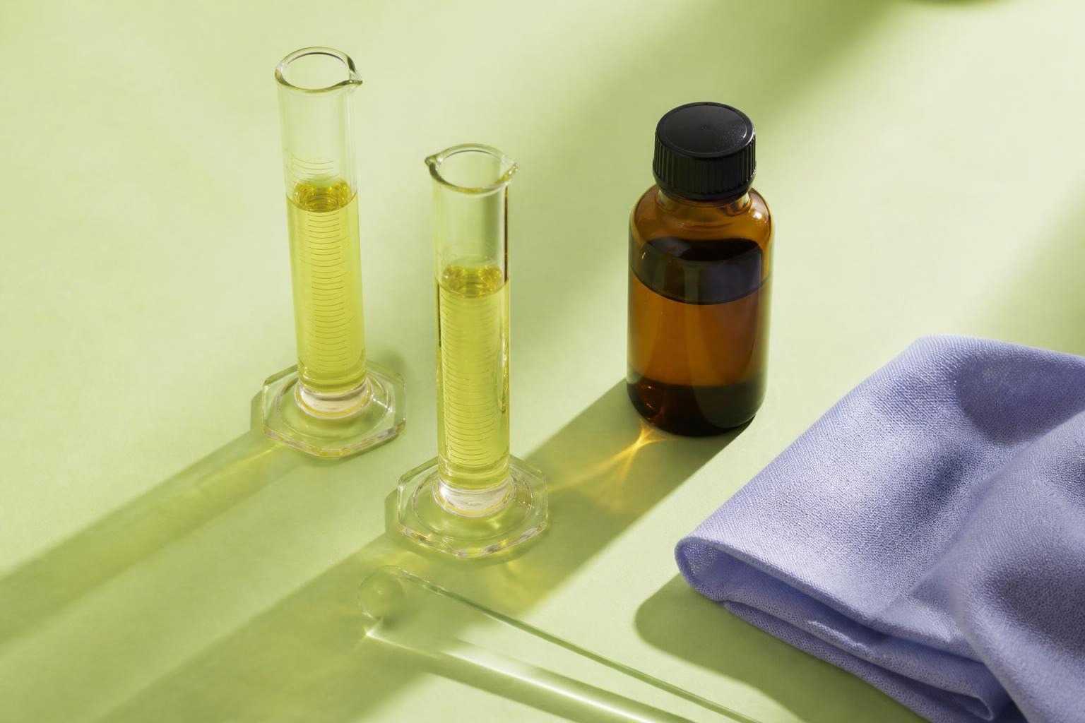 淡いグリーンの台に並ぶ計量容器とオイル瓶、紫色の布
