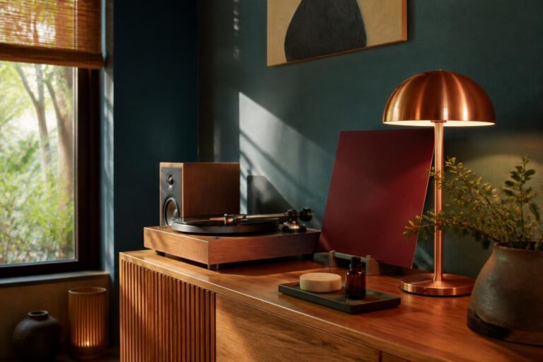 深緑の壁の音楽室で、レコードプレーヤーと銅色のランプの横に置いたアロマストーン