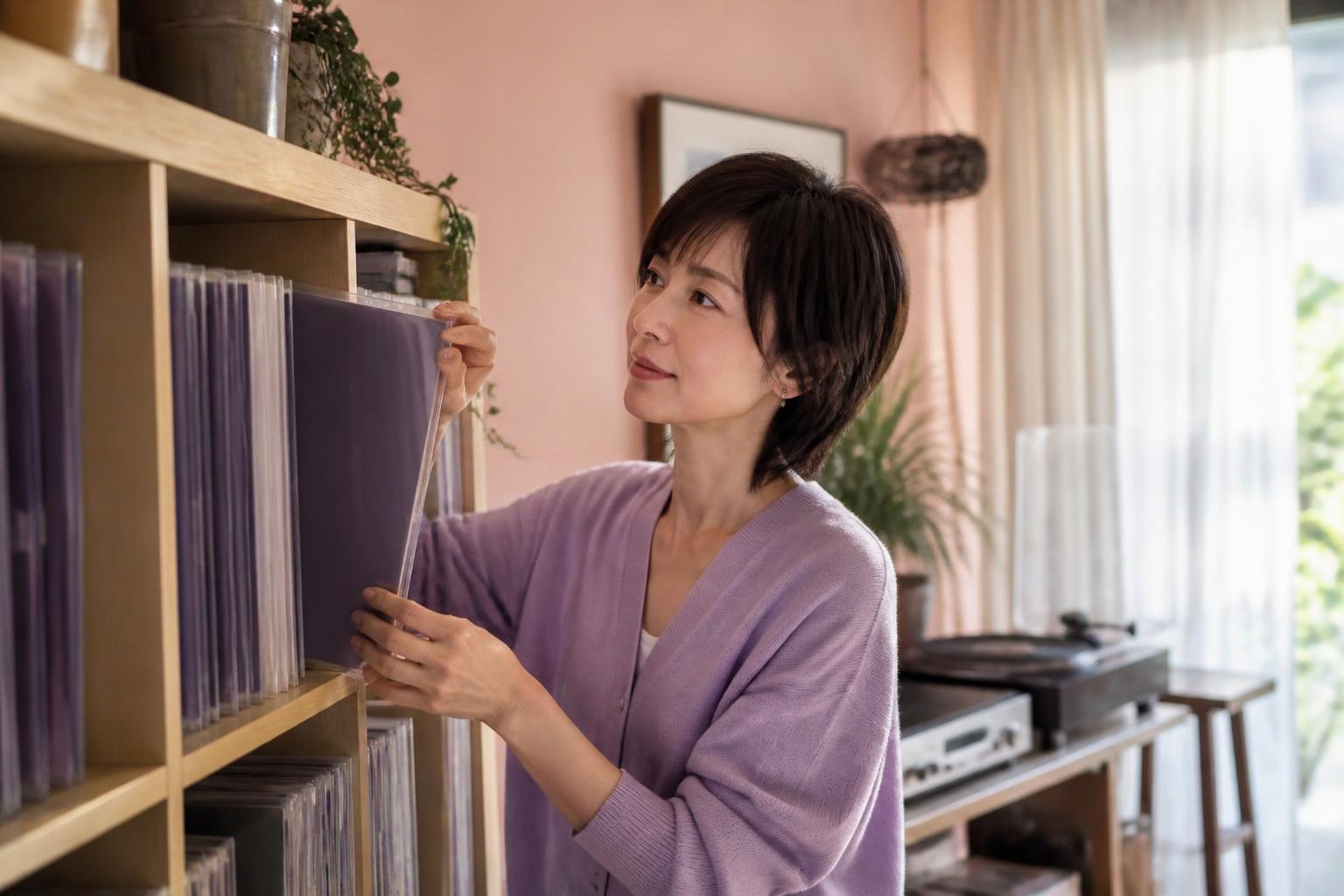 ライラック色のカーディガンを着た女性が明るい部屋でレコードを選ぶ