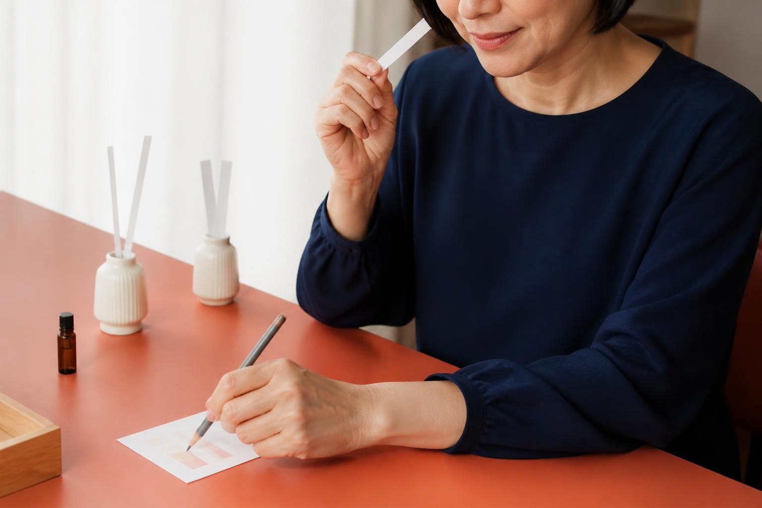 珊瑚色の机で試香紙の香りを確かめて印象を記録する女性
