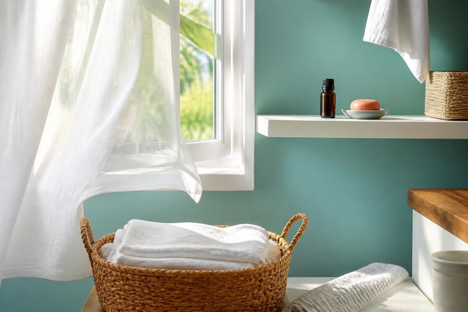 水色の壁と白いカーテンの窓辺に、たたんだリネンとアロマの道具を置いた空間